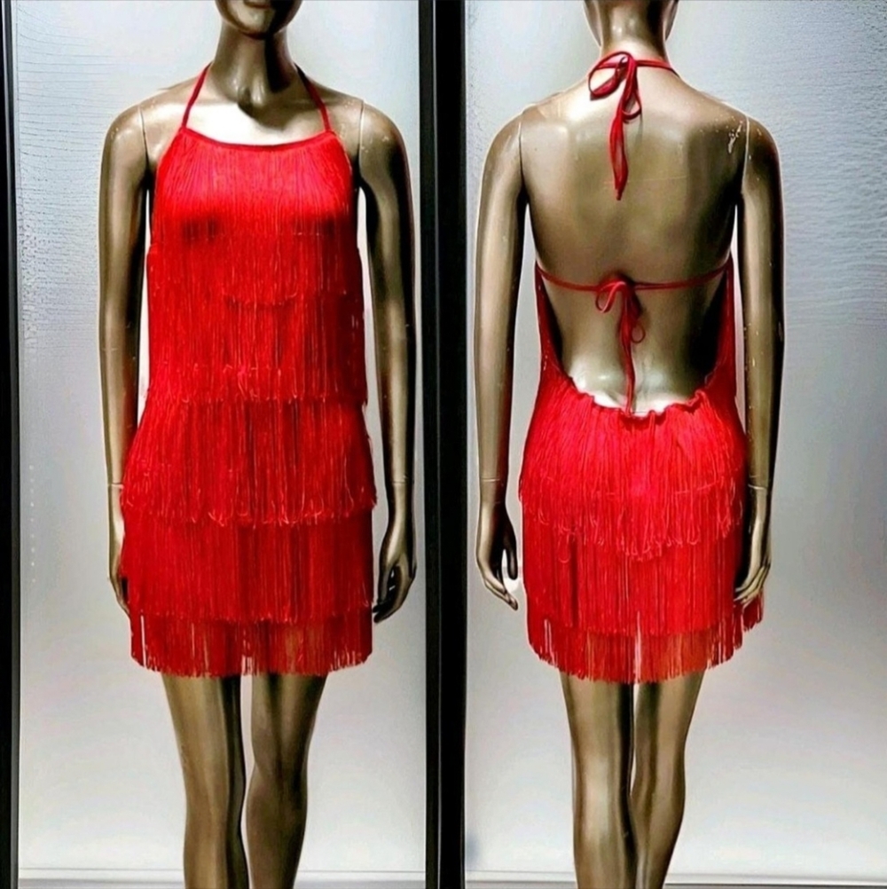 NWT Sexy Red Backless Fringe Halter Rave Festival Beach Romper Sz L